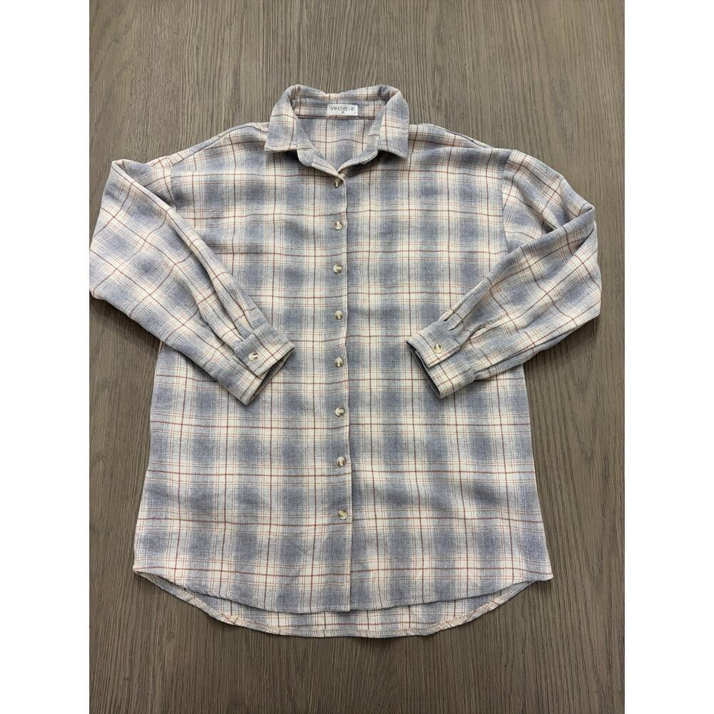 Vestique Oversized Cream Plaid Button Down Shirt Women’s Medium Soft Flannel